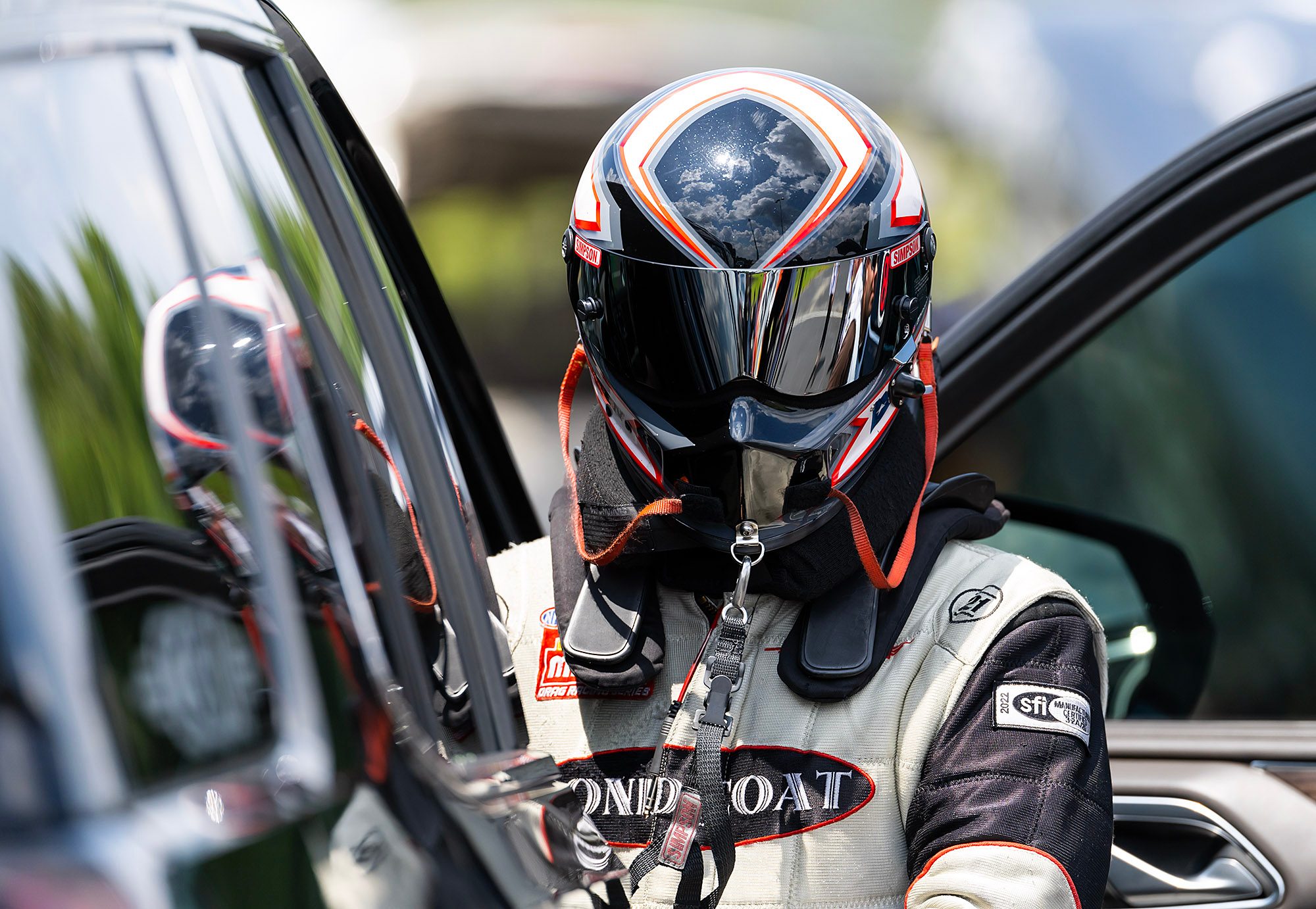 Helmet on at the truck door, Bond-Coat on the firesuit
