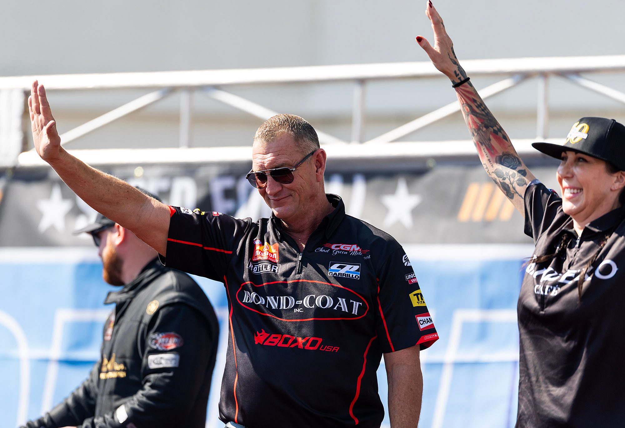 Chad Green waves during driver introductions