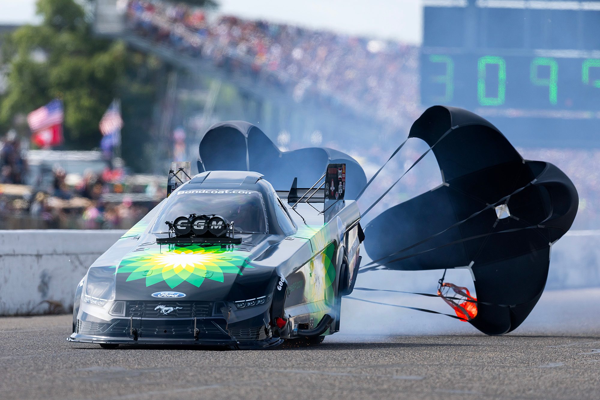 Parachutes out at the top end for the CGM Funny Car in BP colours